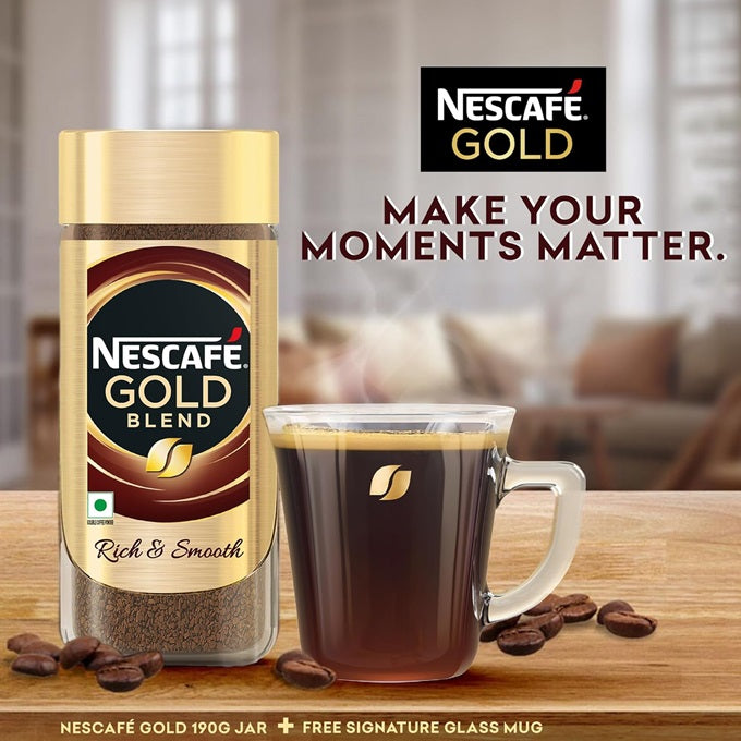 NESCAFE Gold Blend Rich and Smooth Instant Coffee Powder with a Free Glass Mug 185GM