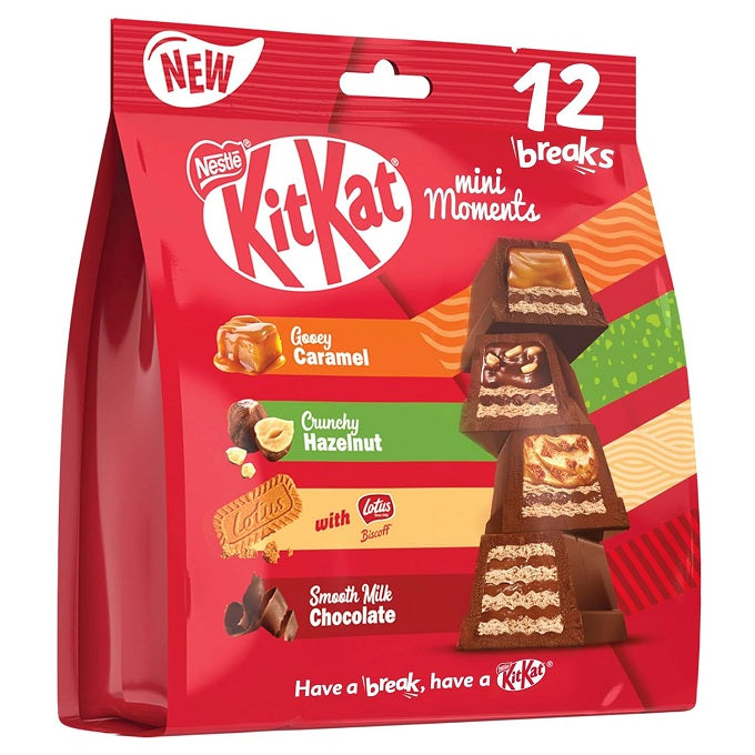 Nestle Kitkat Mini Moments With An New Flavours Of Gooey Caramel, Crunchy Hazelnut, Lotus Biscoff & Smooth Milk Chocolate 201g