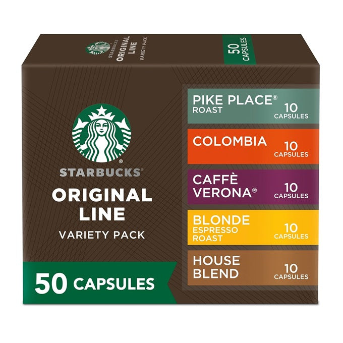 Starbucks Variety Pack Coffee Capsules 50 Pods - Pike Palace, Colombia, Caffe Verona, Blonde Espresso Roast, House Blend