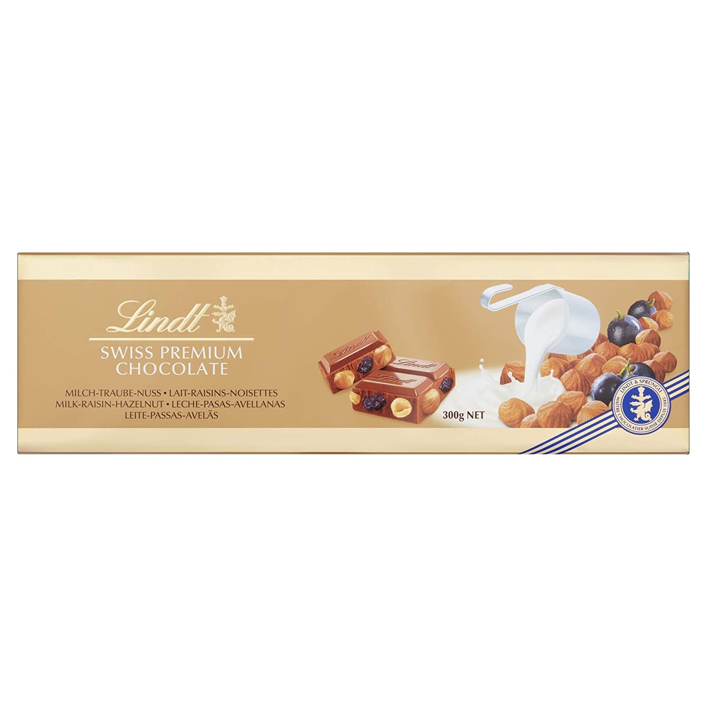 Lindt Swiss Premium Gold Milk Chocolate with Hazelnuts and Raisins Bar 300g