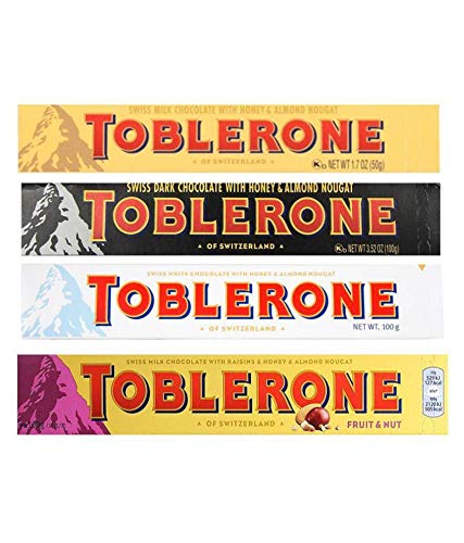 Toblerone Combo Pack Chocolate Bars (Swiss Milk, Swiss Dark, Swiss White, Swiss Milk Fruit & Nut) Pack of 4 (100g Each)