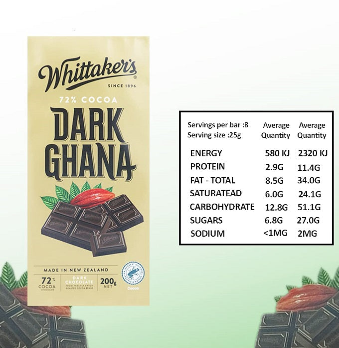 Whittakers 72% Cocoa Dark Ghana Chocolate 200gm