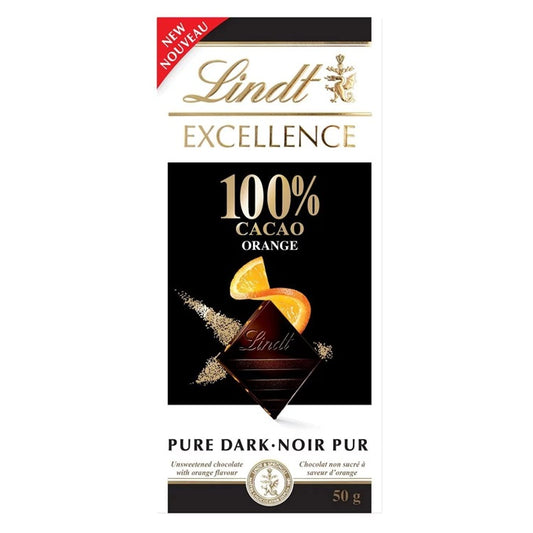 Lindt Excellence 100% Cacao Orange Dark Chocolate Bar, 50g