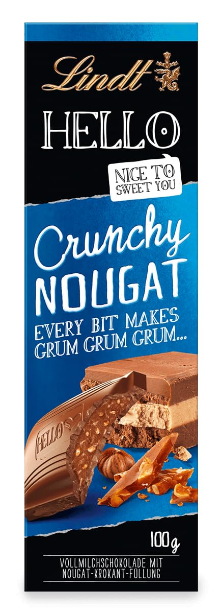 Lindt Hello Crunchy Nougat Milk Chocolate Bar, 100 g