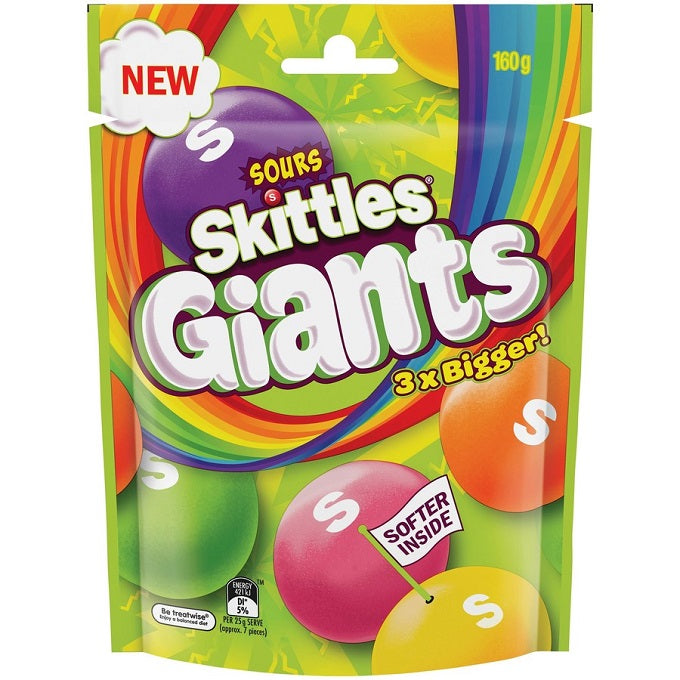 Skittles Giants Sours Chewy Lollies Medium Bag 160gm